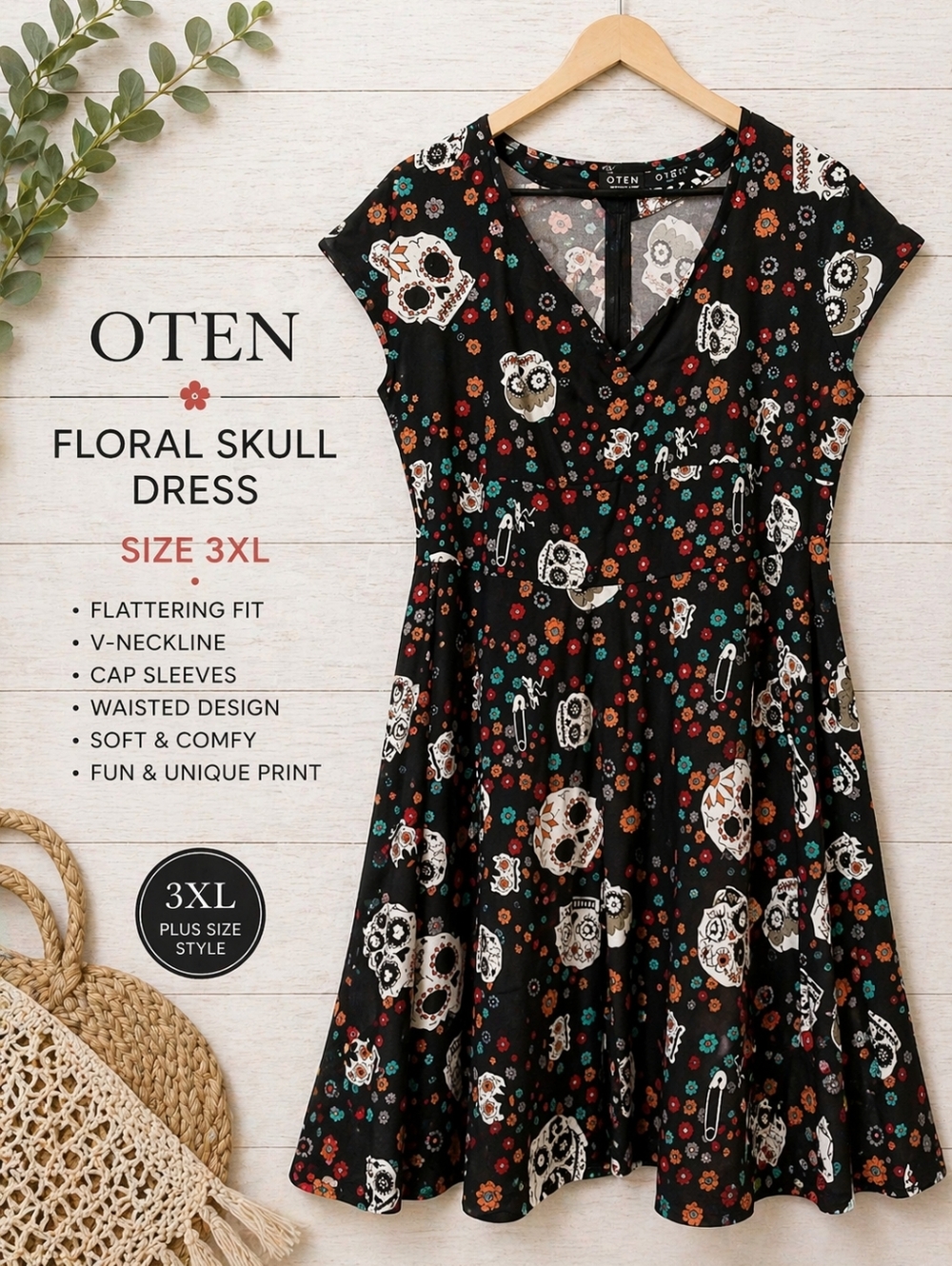 OTEN Floral Skull Dress – Size 3XL